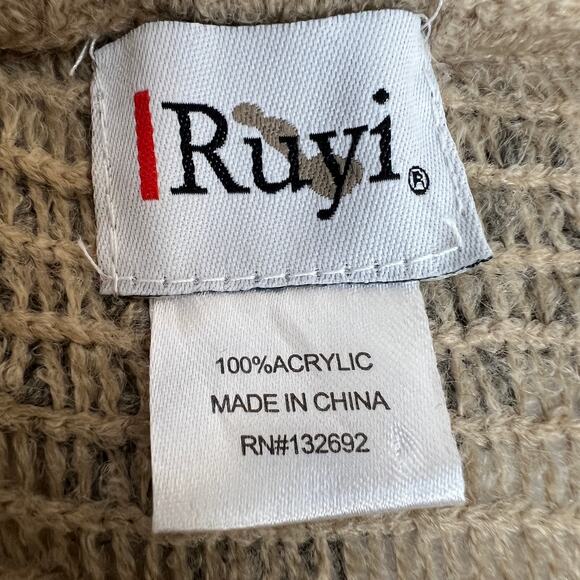 Ruyi Design Chunky Knit Poncho One Size Tan Gray 3D Fringe Chevron Crochet Boho - Picture 4 of 7